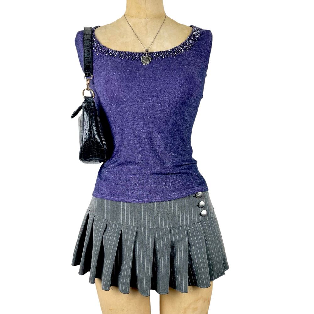 Y2K Metallic Purple Top Beaded Tassel Neckline Glam Retro Sz L